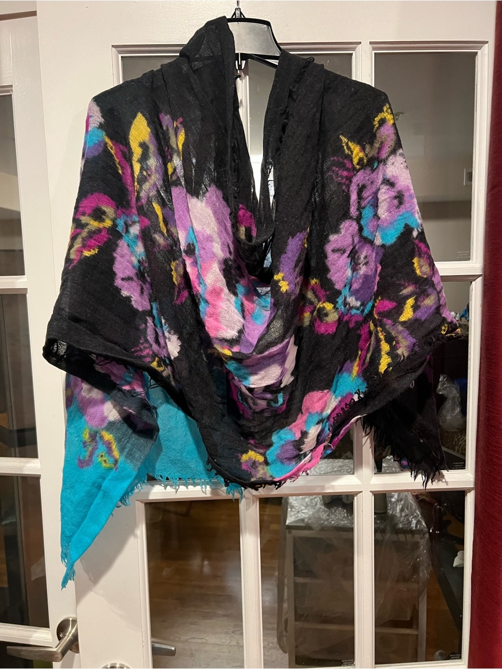 Fraas Black Shawl with Teal, Purple & Pink Floral Accents